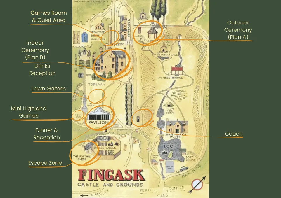An illustrated map of Fingask Castle with key areas highlighted