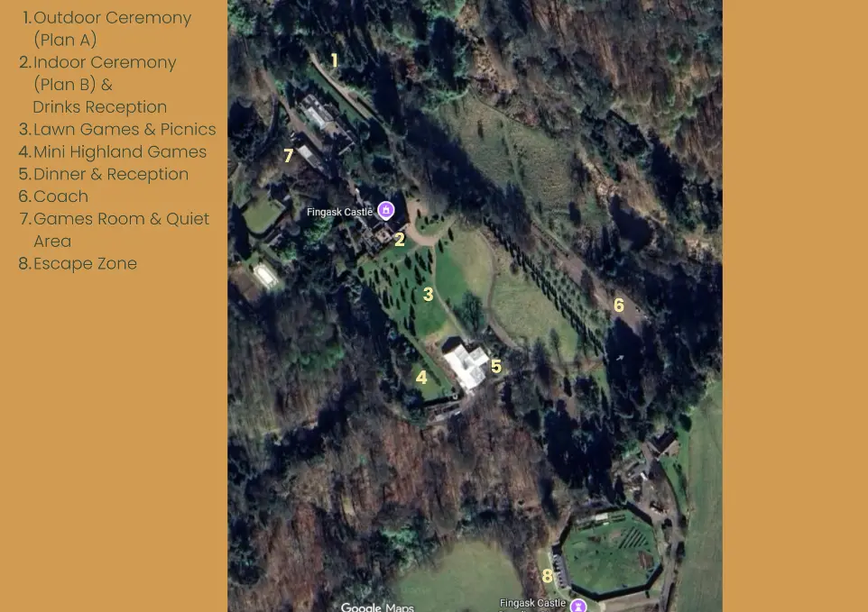 A satellite map of FIngask Castle with key areas highlighted